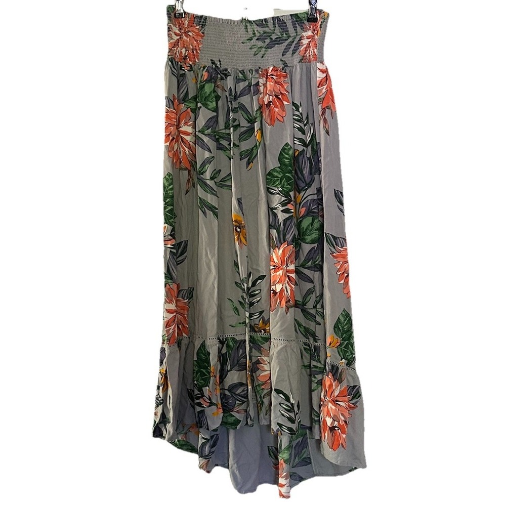 Patrons of Peace Maxi Skirt Small Floral Smocked Waist Boho Hippie Hi Low Ruffle